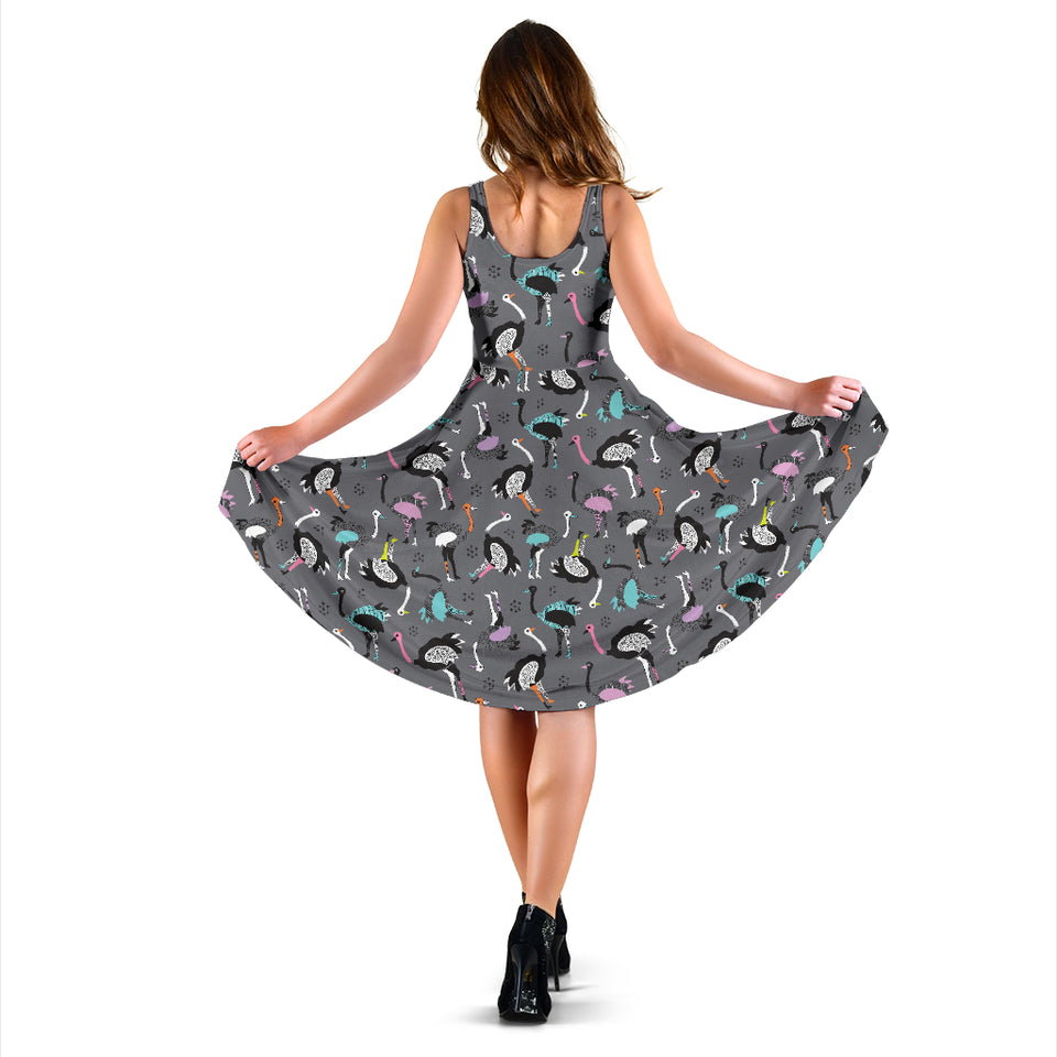 Ostrich Pattern Print Design 01 Sleeveless Midi Dress