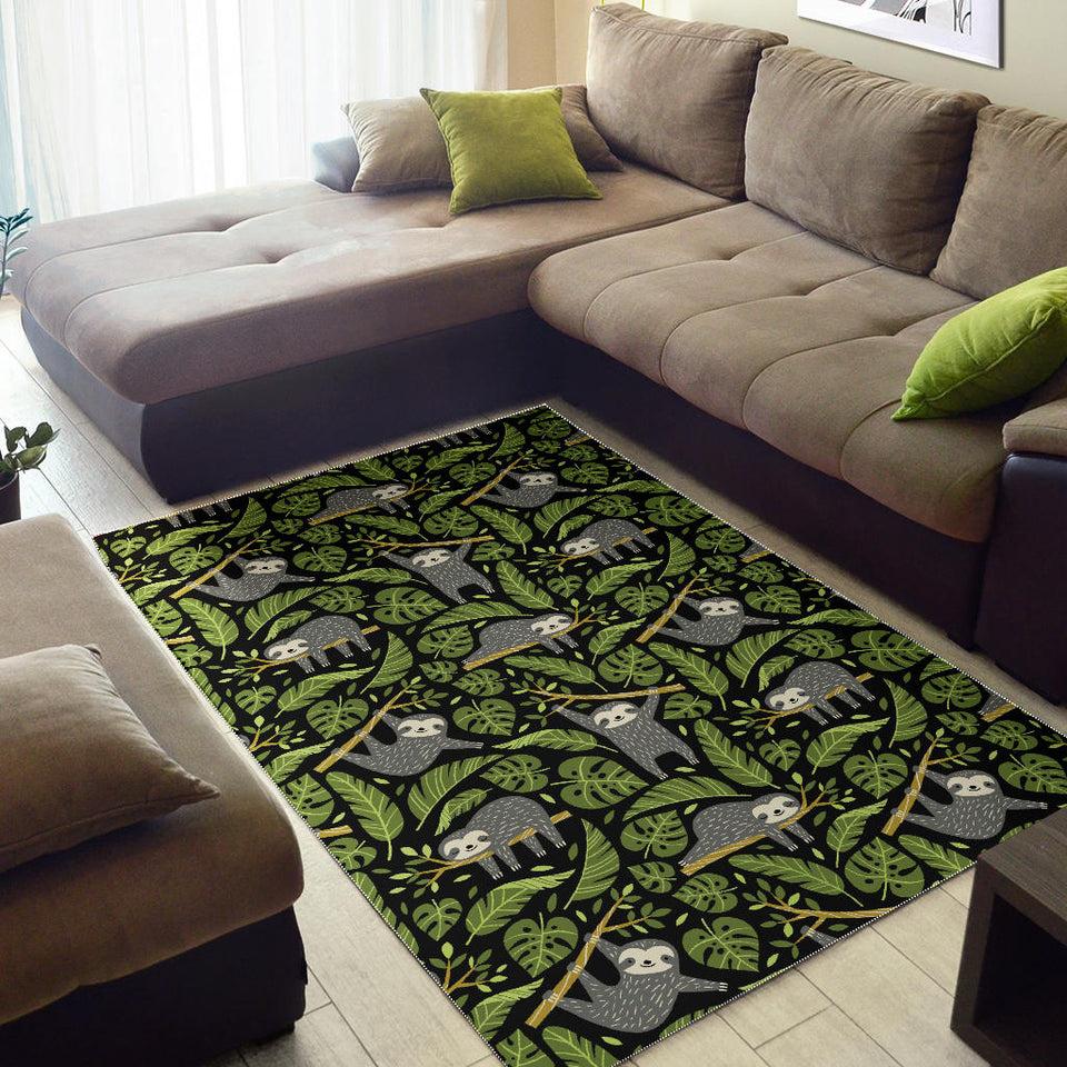 Cute Sloths Tropical Palm Leaves Black Background Area Rug