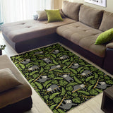 Cute Sloths Tropical Palm Leaves Black Background Area Rug