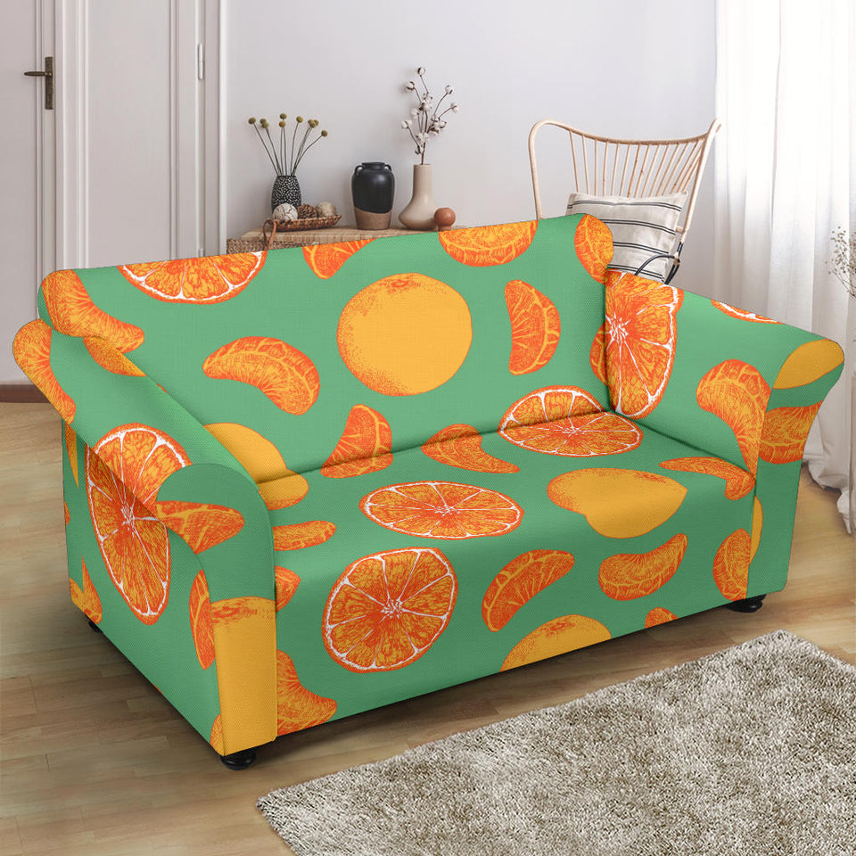 Orange Fruit Pattern Green Background Loveseat Couch Slipcover