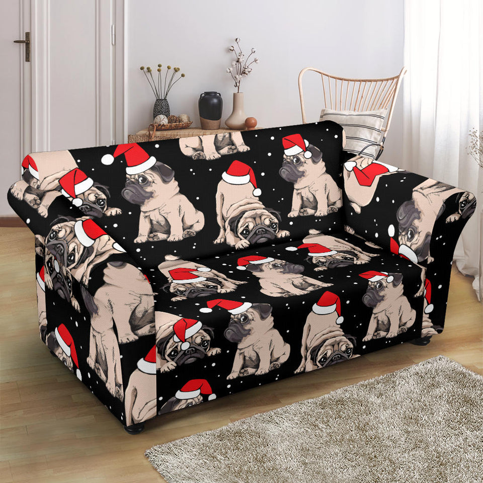 Christmas Pugs Santa_S Red Cap Pattern Loveseat Couch Slipcover