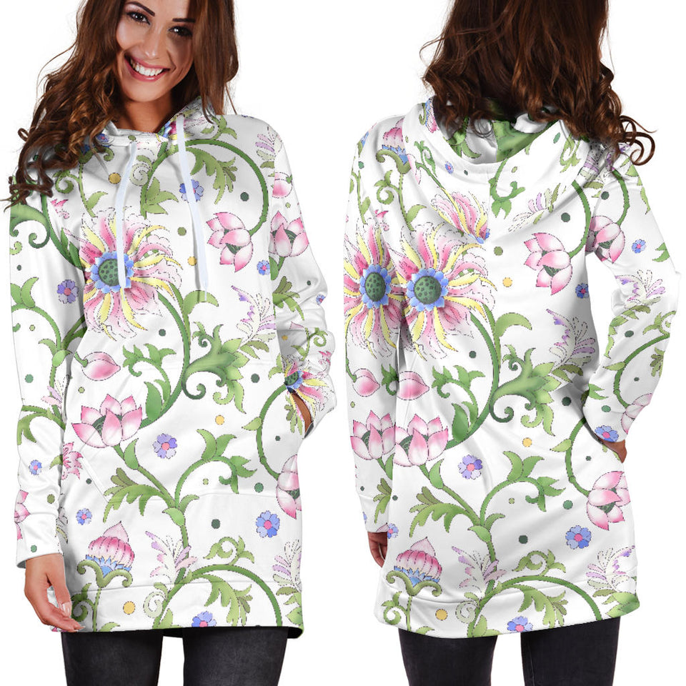 Beautiful Pink Lotus Waterlily Leaves Pattern Women'S Hoodie Dress