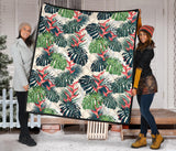 Heliconia Flowers, Palm And Monstera Leaves Premium Quilt