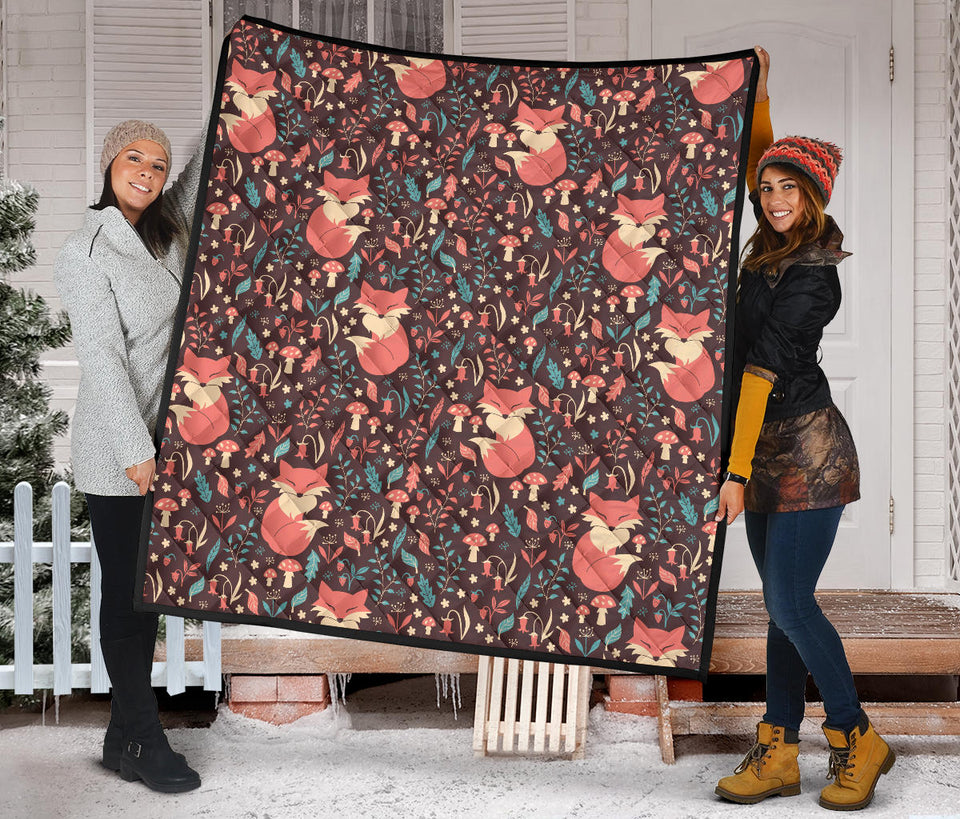 Fox Leaves Mushroom Pattern Premium Quilt