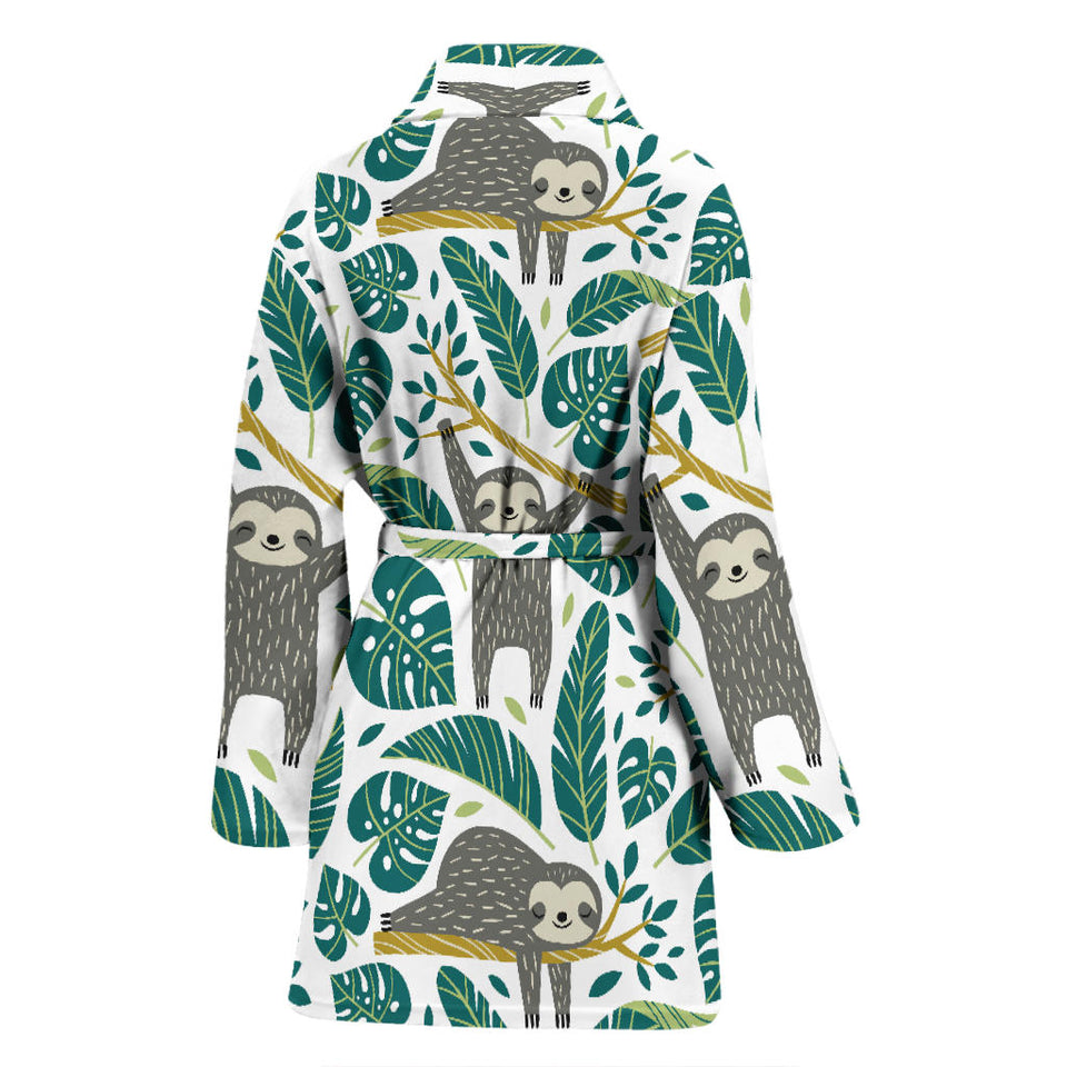 Cute Sloths Tropical Palm Leaves White Background Women'S Bathrobe