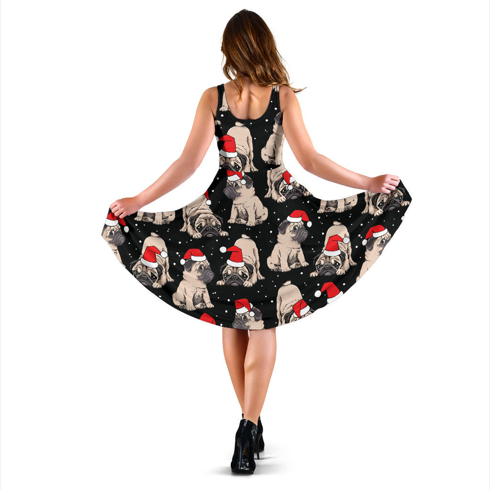 Christmas Pugs Santa_S Red Cap Pattern Sleeveless Midi Dress