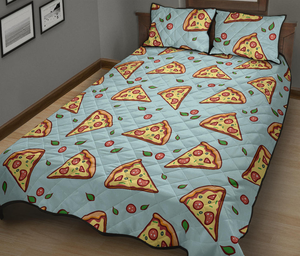 Hand drawn pizza blue background Quilt Bed Set
