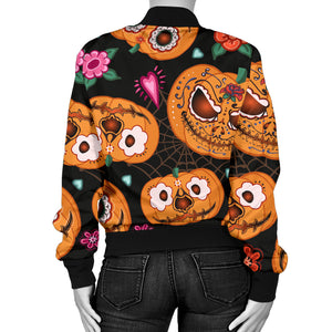 Pumpkin Flowers Spiderweb Halloween Theme Women'S Bomber Jacket