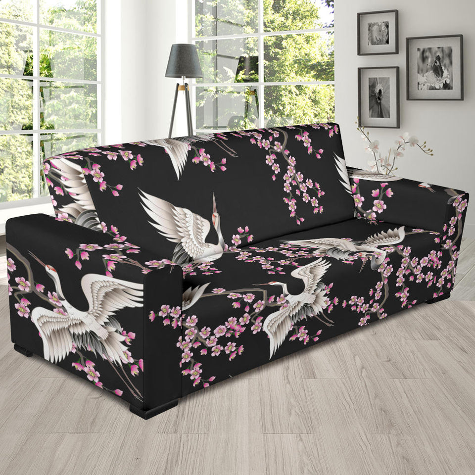 Japanese Crane Pink Sakura Pattern Sofa Slipcover
