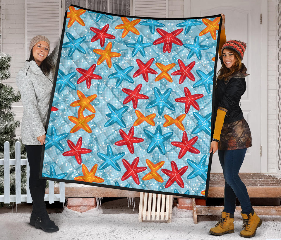 Blue Red Orange Starfish Pattern Premium Quilt