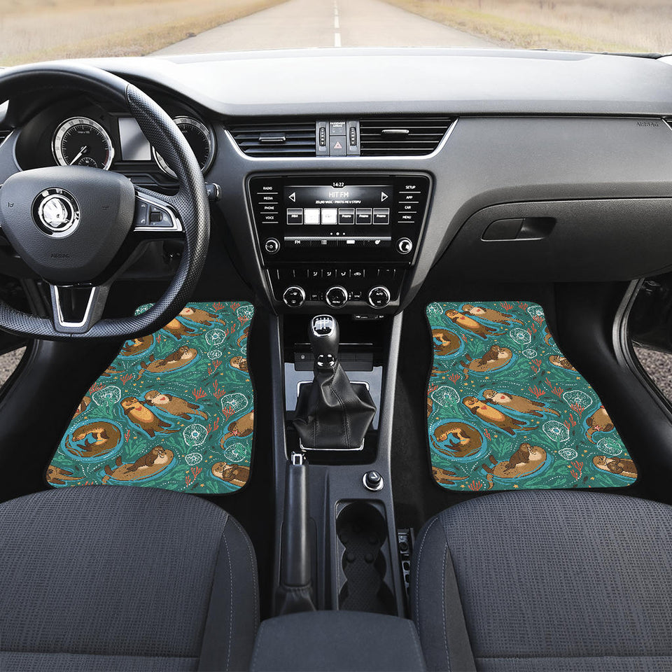 Cute Brown Sea Otters Ornamental Seaweed Corals Green Water Front Car Mats