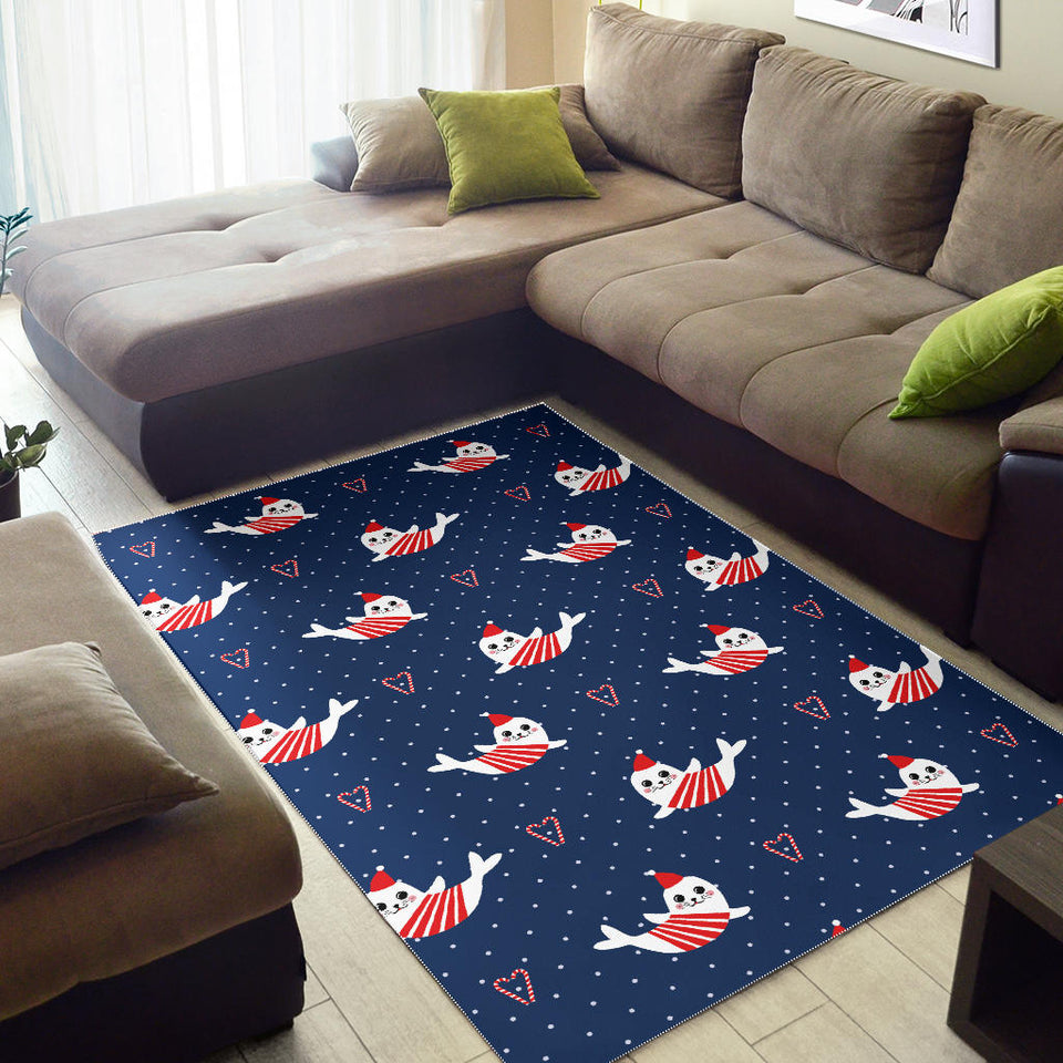 Cute Sea Lion Seal Christmas Hat Candy Cane Heart Pattern Area Rug