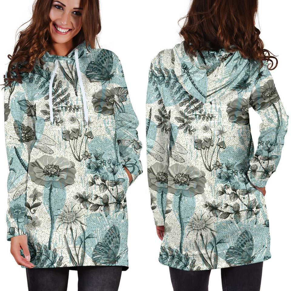 Dragonfly Butterfly Plants Insect Flower Vintage Style Pattern Women'S Hoodie Dress