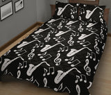 Saxophone music notes treble clef black white theme Quilt Bed Set