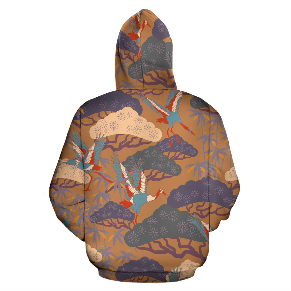 Bonsai Bamboo Stork Japanese Pattern Brown Theme Zip Up Hoodie