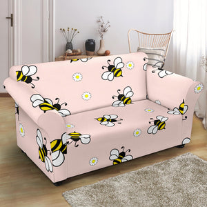 Cute Bee Flower Pattern Pink Background Loveseat Couch Slipcover
