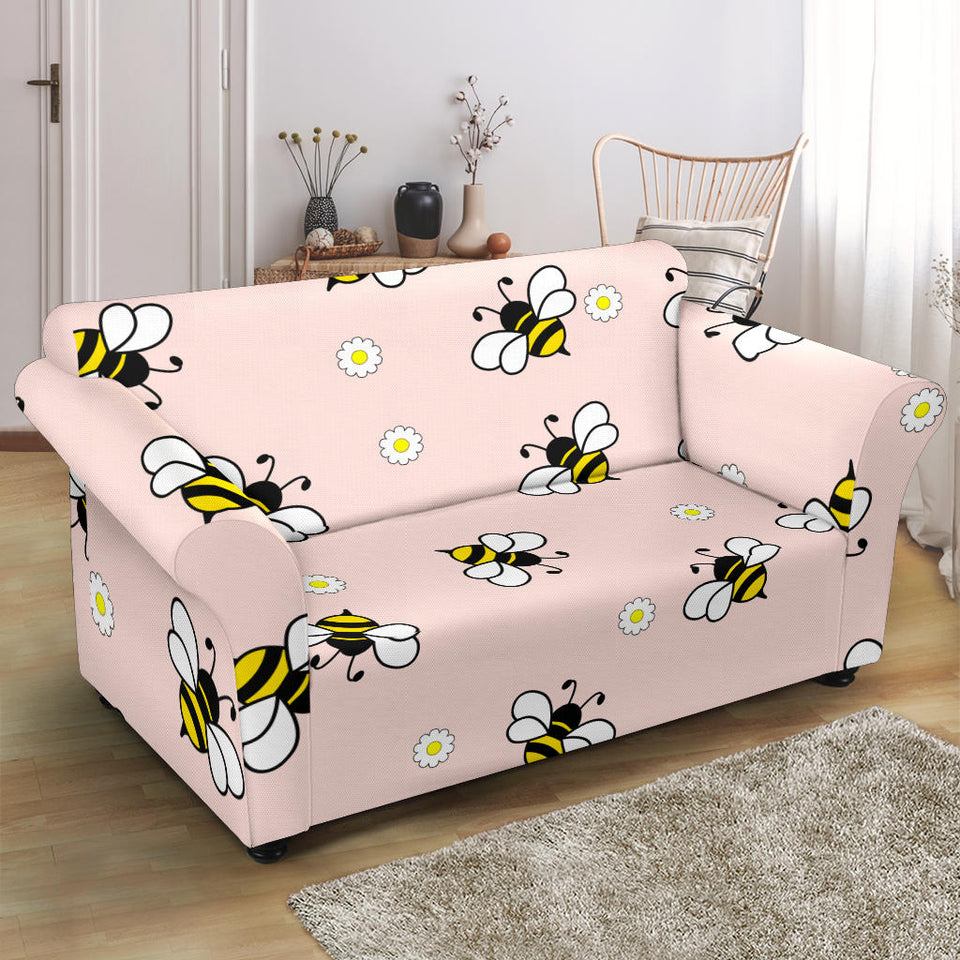 Cute Bee Flower Pattern Pink Background Loveseat Couch Slipcover