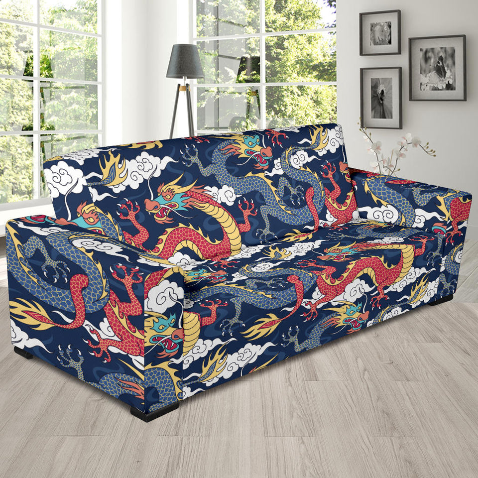 Blue Red Dragon Cloud Pattern Sofa Slipcover