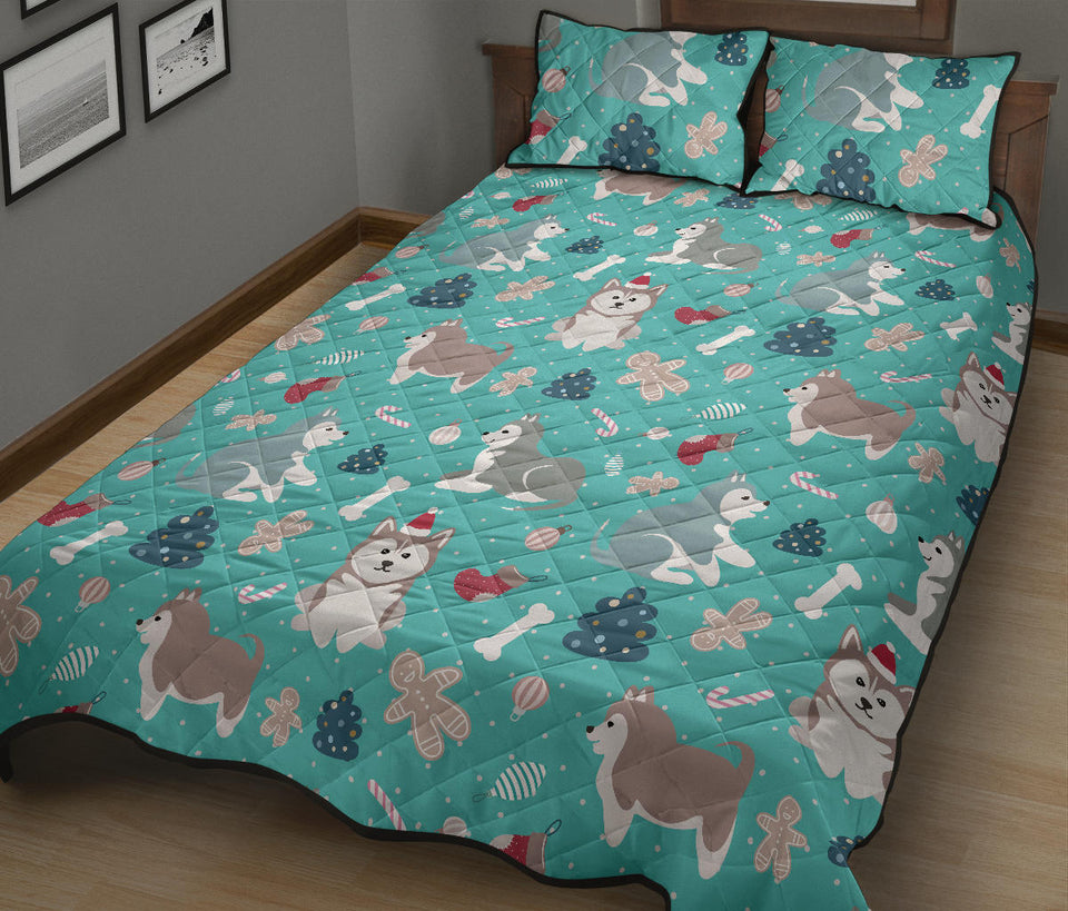 Christmas cute siberian husky puppie pattern Quilt Bed Set