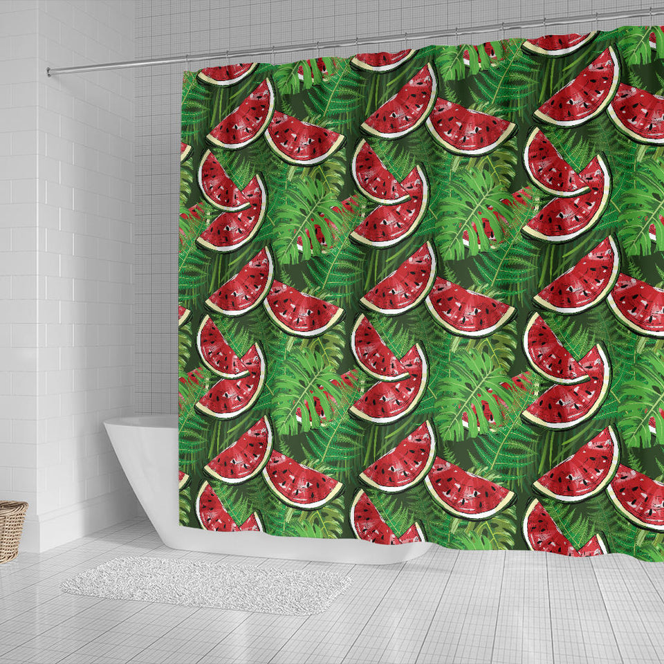 Watermelons Tropical Palm Leaves Pattern Background Shower Curtain Fulfilled In US