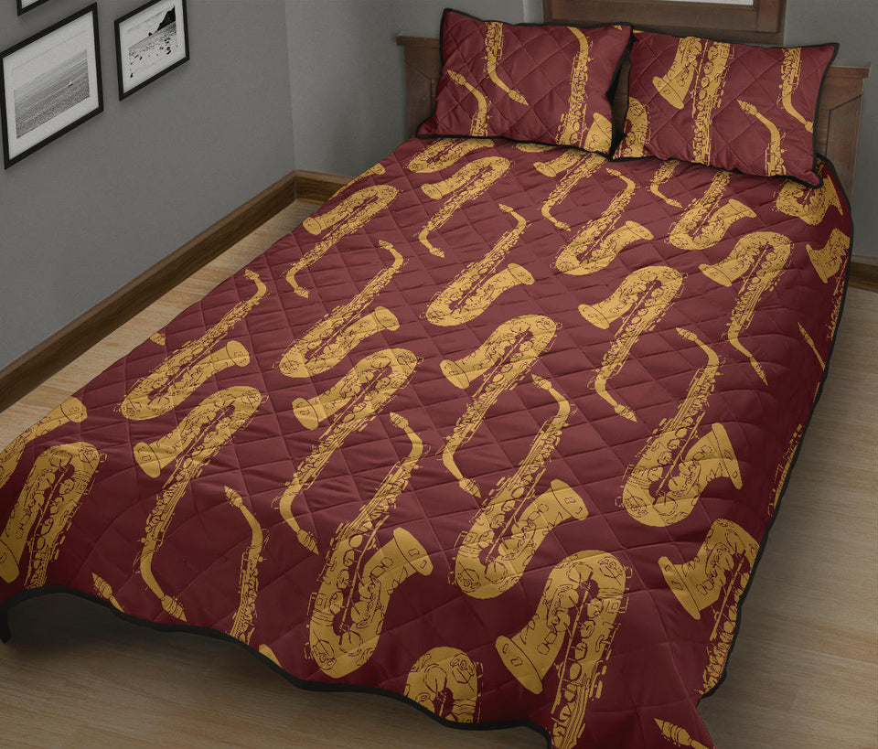 Hand drawn gold saxophone red background  Quilt Bed Set