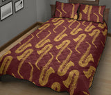 Hand drawn gold saxophone red background  Quilt Bed Set