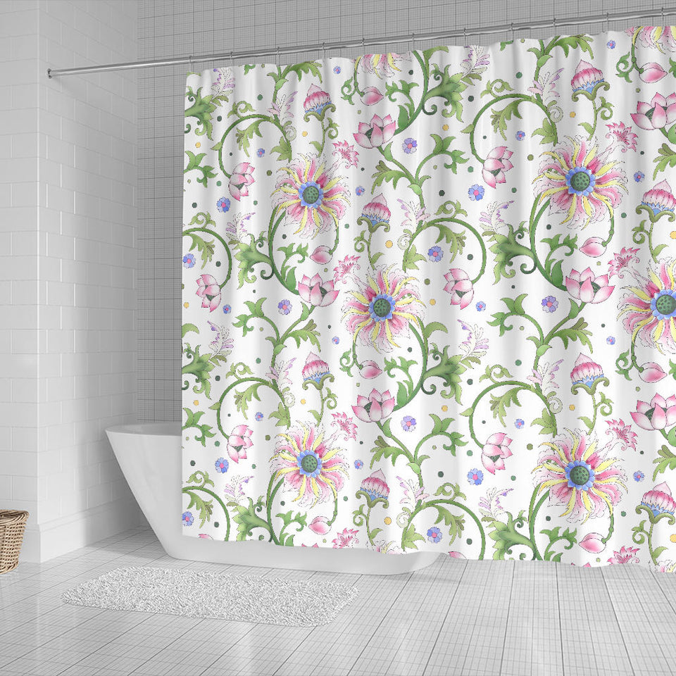 Beautiful Pink Lotus Waterlily Leaves Pattern Shower Curtain Fulfilled In US