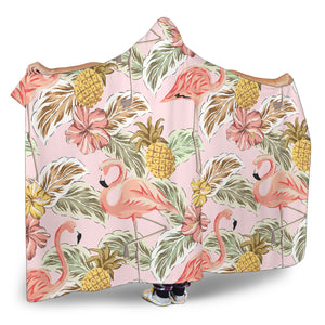 Pink Flamingo Birds Pineapples Hibiscus Flower Pattern Hooded Blanket