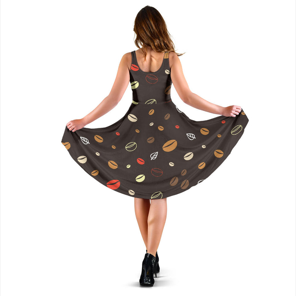 Coffee Bean Leave Pattern Sleeveless Midi Dress
