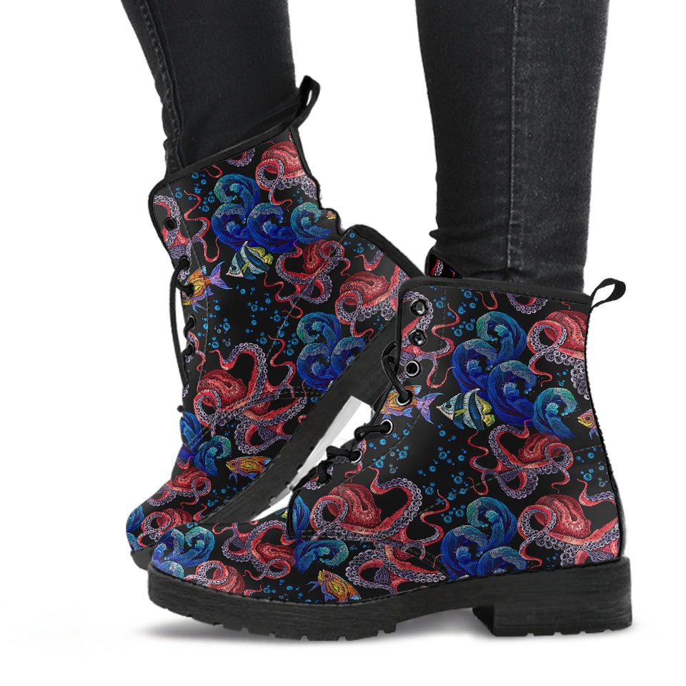 Octopus Sea Wave Tropical Fishe Pattern Leather Boots