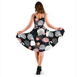 White Swan Blooming Flower Pattern Sleeveless Midi Dress