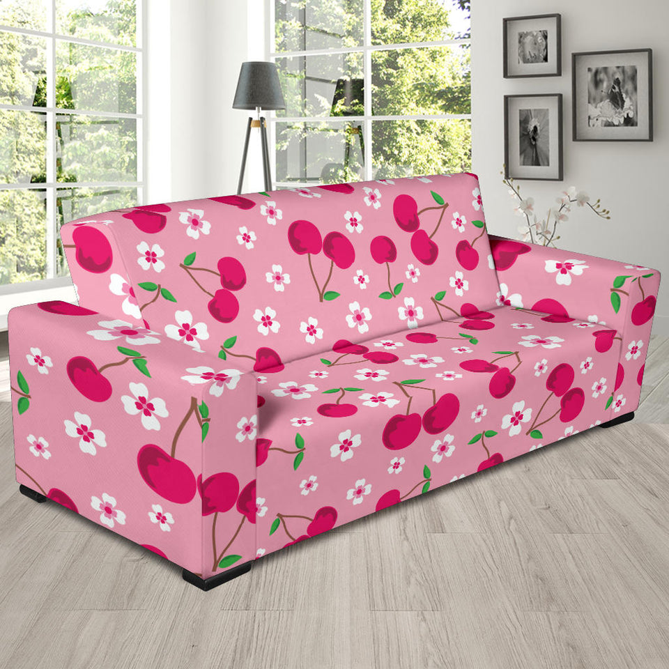 Cherry Flower Pattern Pink Background Sofa Slipcover