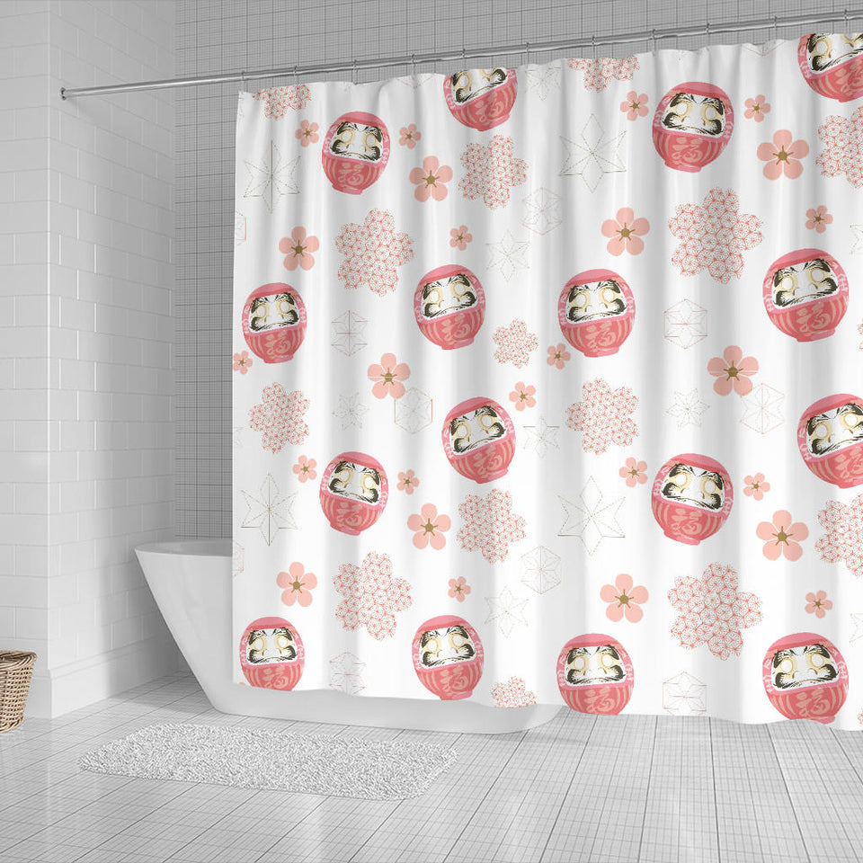 Daruma Japanese Wooden Doll Cherry Blossom Flower Pattern Shower Curtain Fulfilled In US
