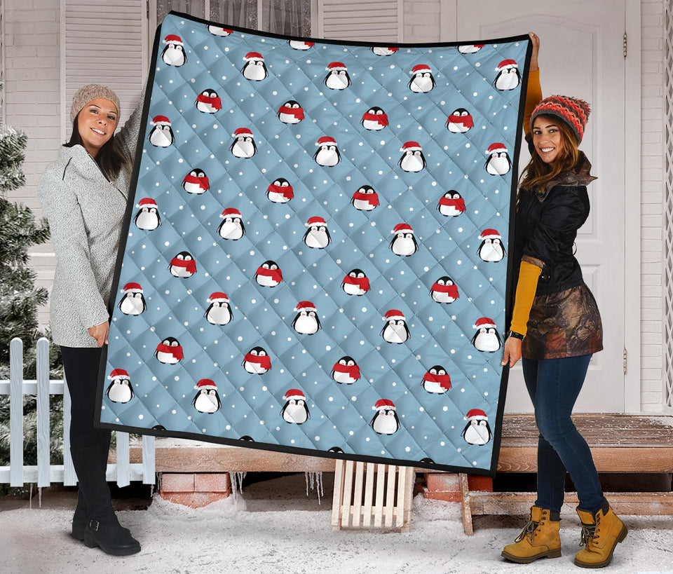 Cute Penguin Christmas Snow Pattern Premium Quilt
