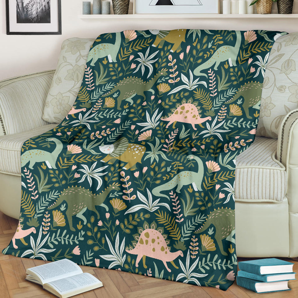 Dinosaurs Tropical Leaves Flower Pattern Premium Blanket