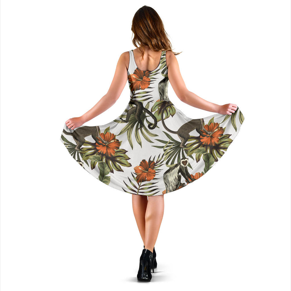 Monkey Red Hibiscus Flower Palm Leaves Floral Pattern Sleeveless Midi Dress