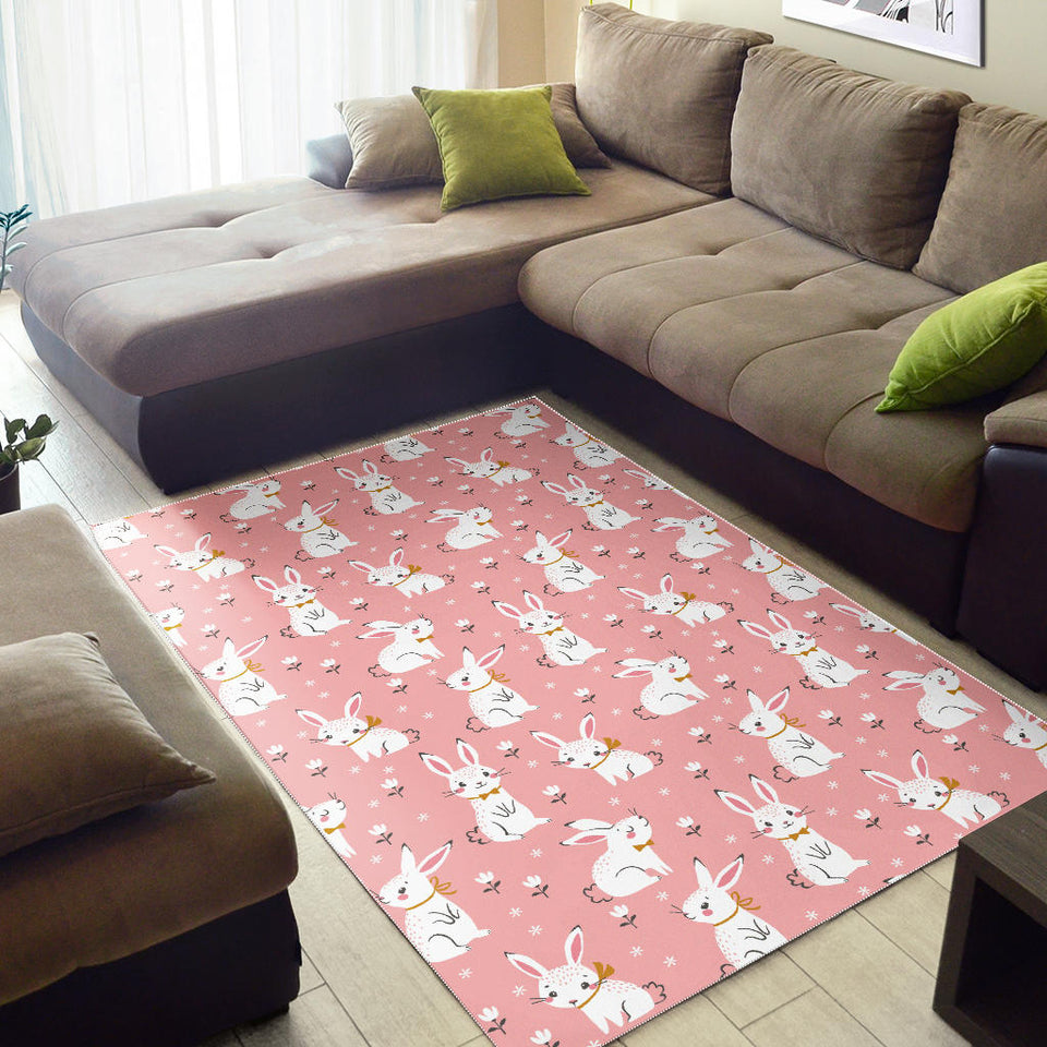 Cute White Rabbit Flower Pink Background Area Rug