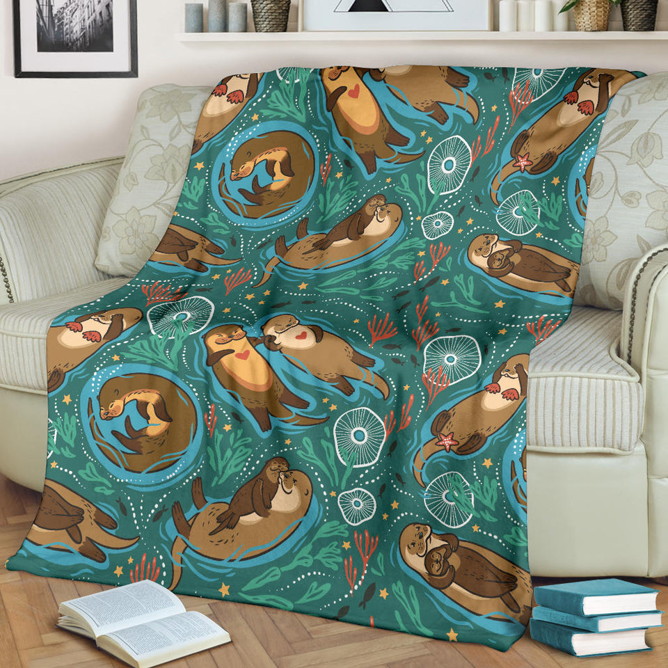 Cute Brown Sea Otters Ornamental Seaweed Corals Green Water Premium Blanket