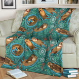 Cute Brown Sea Otters Ornamental Seaweed Corals Green Water Premium Blanket
