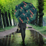 Heliconia Flowers, Palm And Monstera Leaves On Black Background Pattern Umbrella