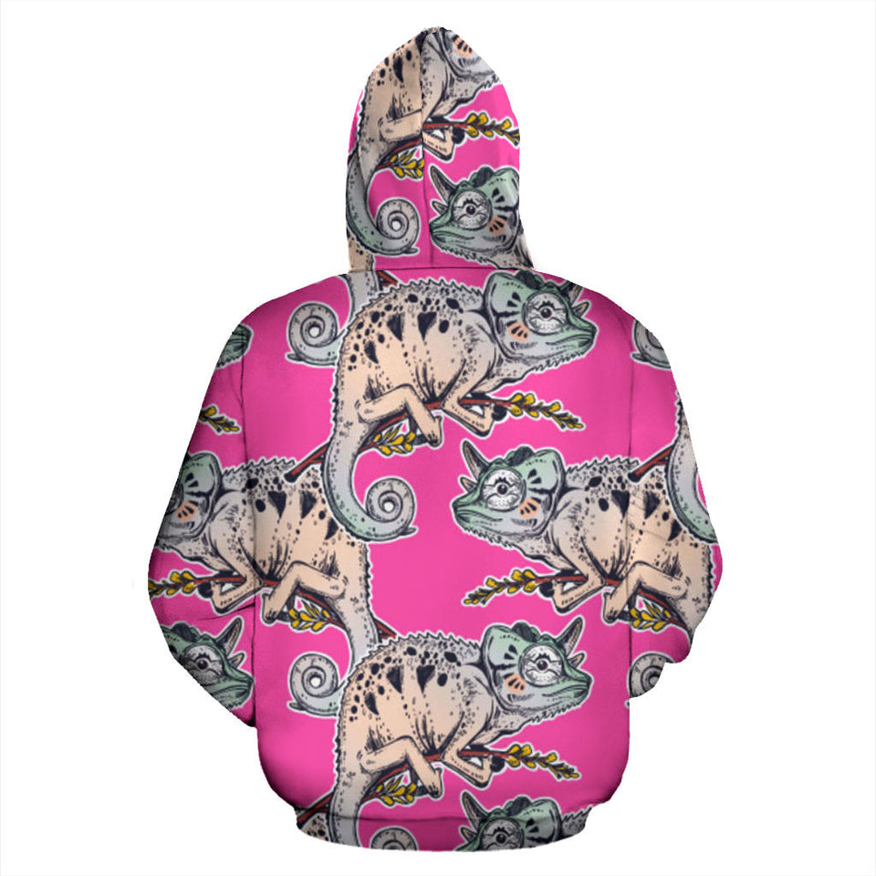 Chameleon Lizard Pattern Pink Background Men Women Pullover Hoodie