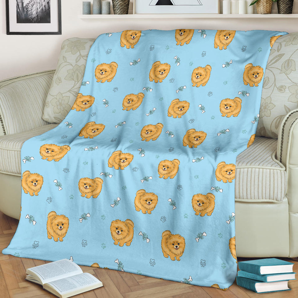 Brown Cute Pomeranian Blue Blackground Premium Blanket