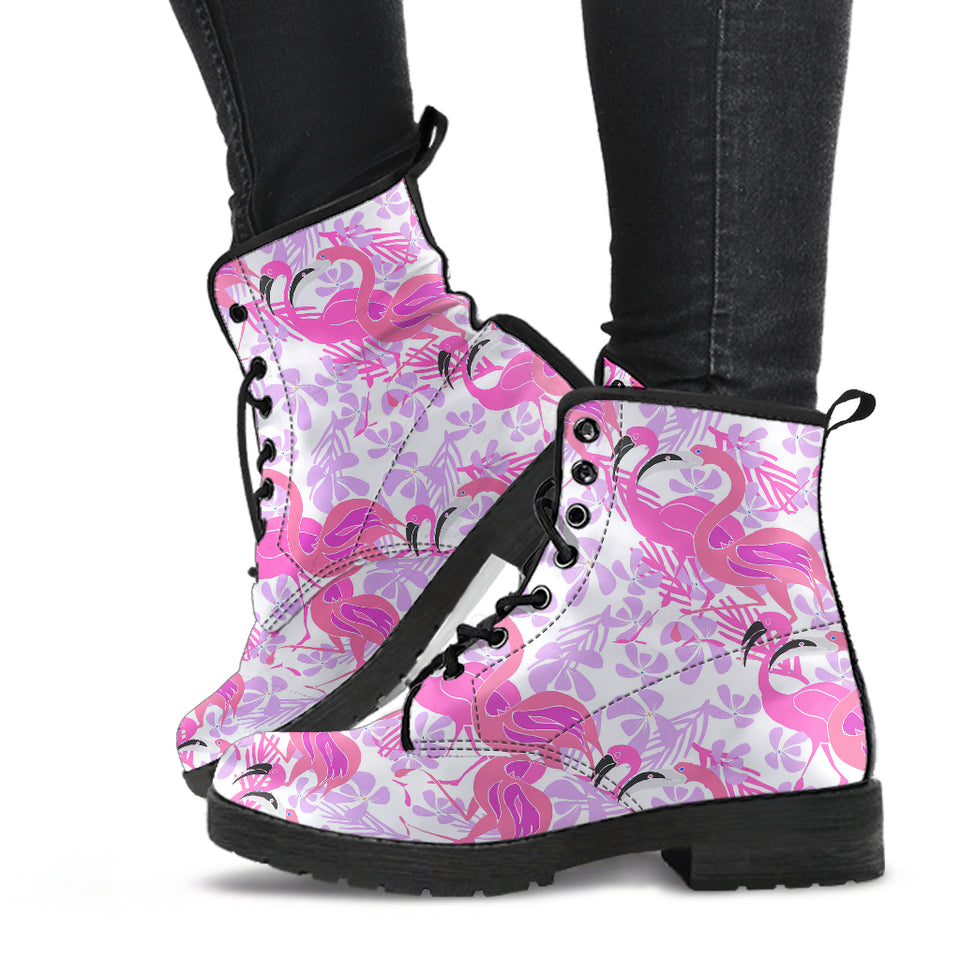 Pink Flamingo Flower Pattern Leather Boots