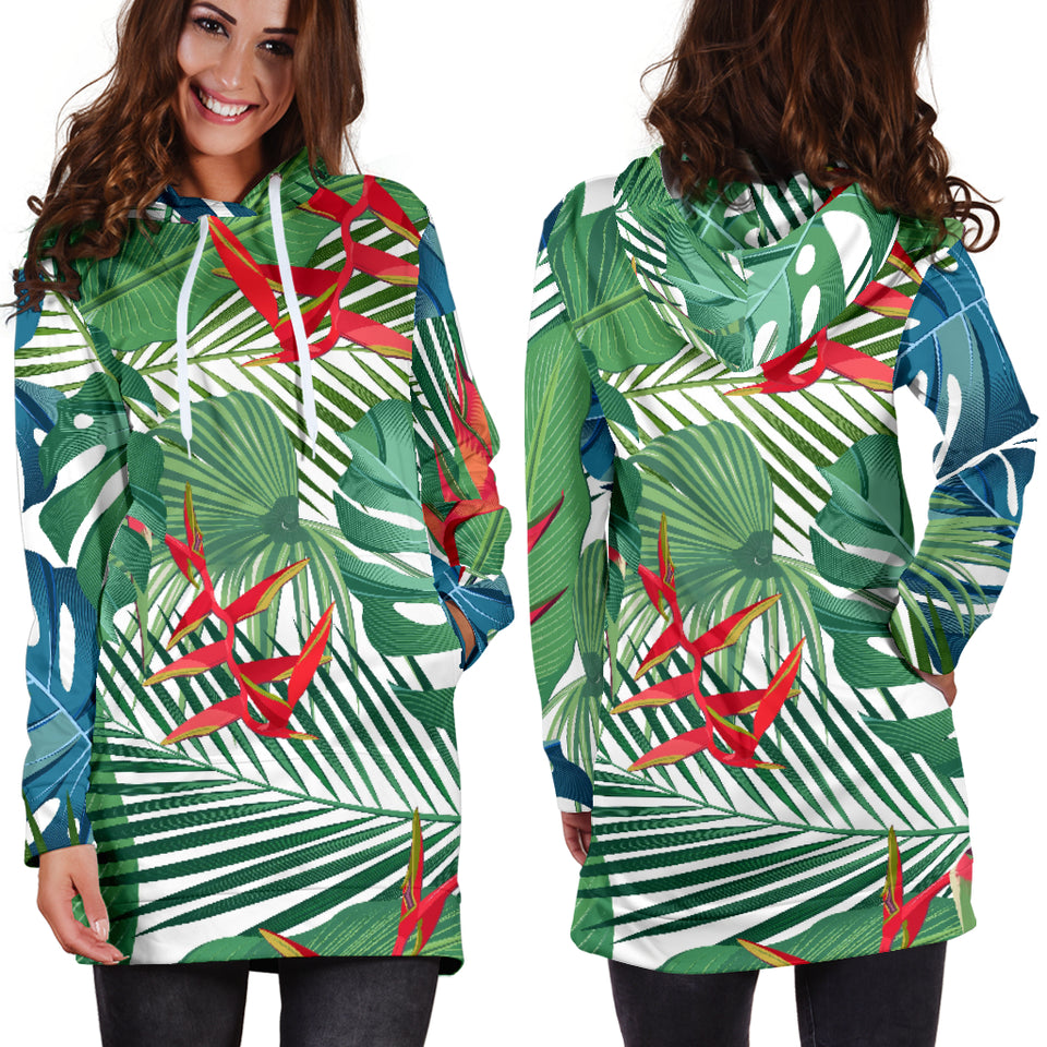 Heliconia Palm And Monstera  Leaves Pattern Women'S Hoodie Dress