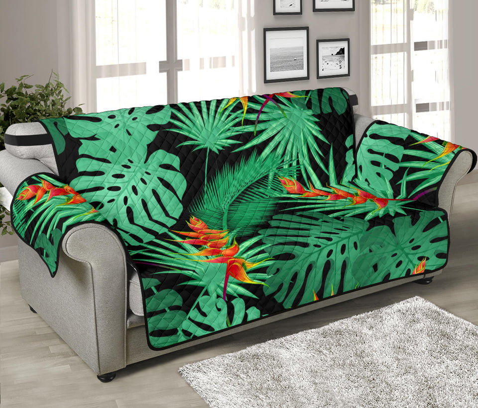 heliconia flower palm monstera leaves black background Sofa Cover Protector