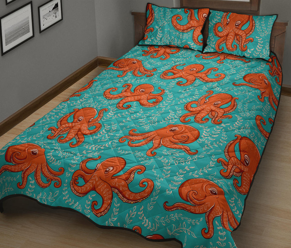 Octopus turquoise background Quilt Bed Set
