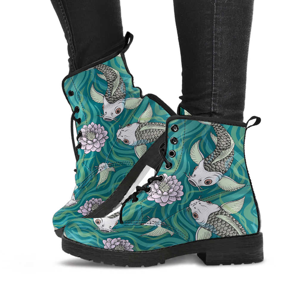 Koi Fish Carp Fish Lotus Pattern Leather Boots
