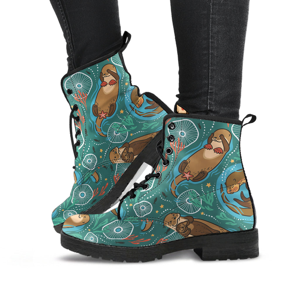 Cute Brown Sea Otters Ornamental Seaweed Corals Green Water Leather Boots