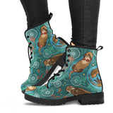 Cute Brown Sea Otters Ornamental Seaweed Corals Green Water Leather Boots