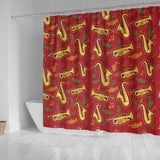 Saxophone Cornet Pattern Red Background Shower Curtain Fulfilled In US